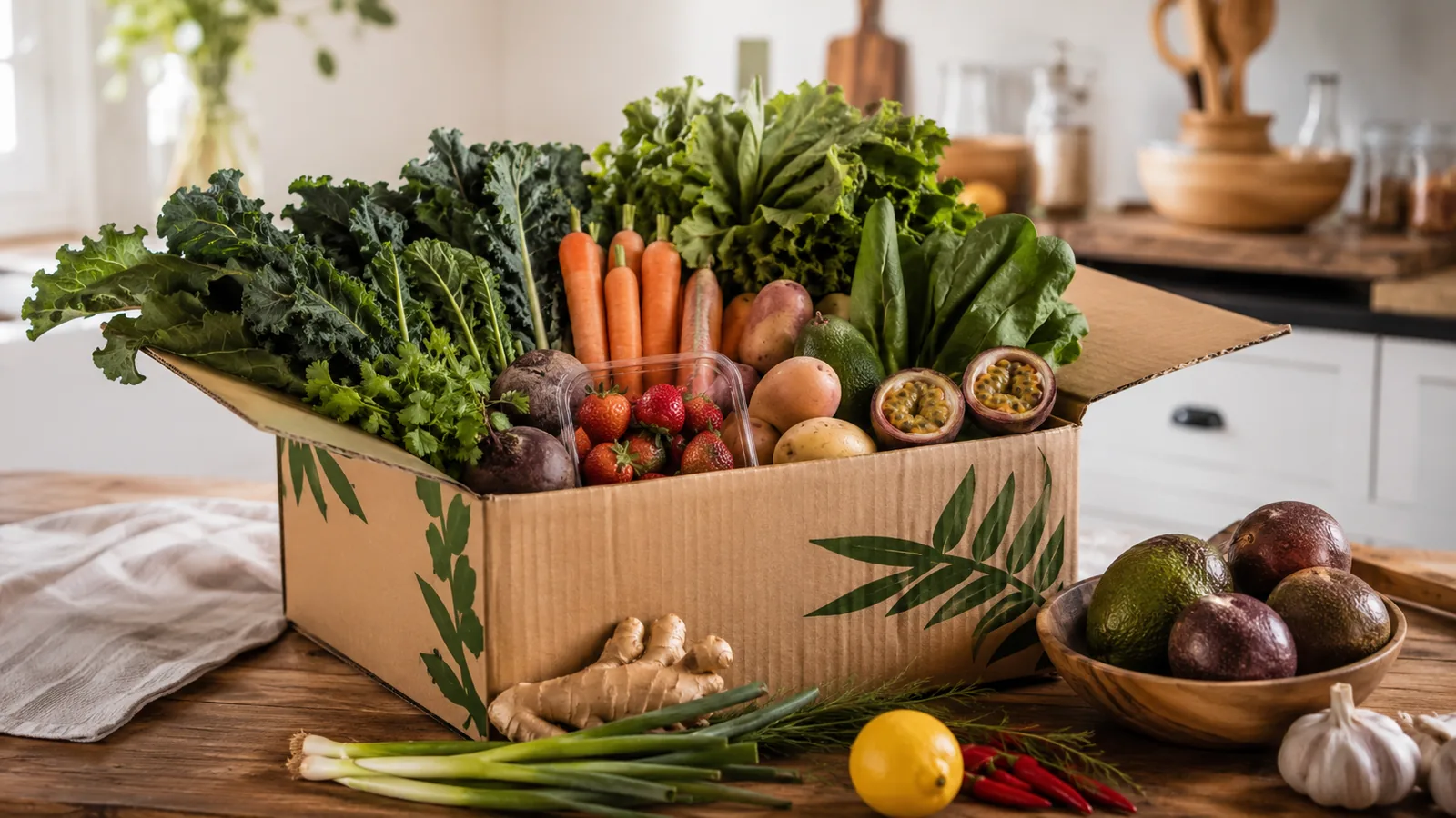 Fresh produce box with vegetables and fruit